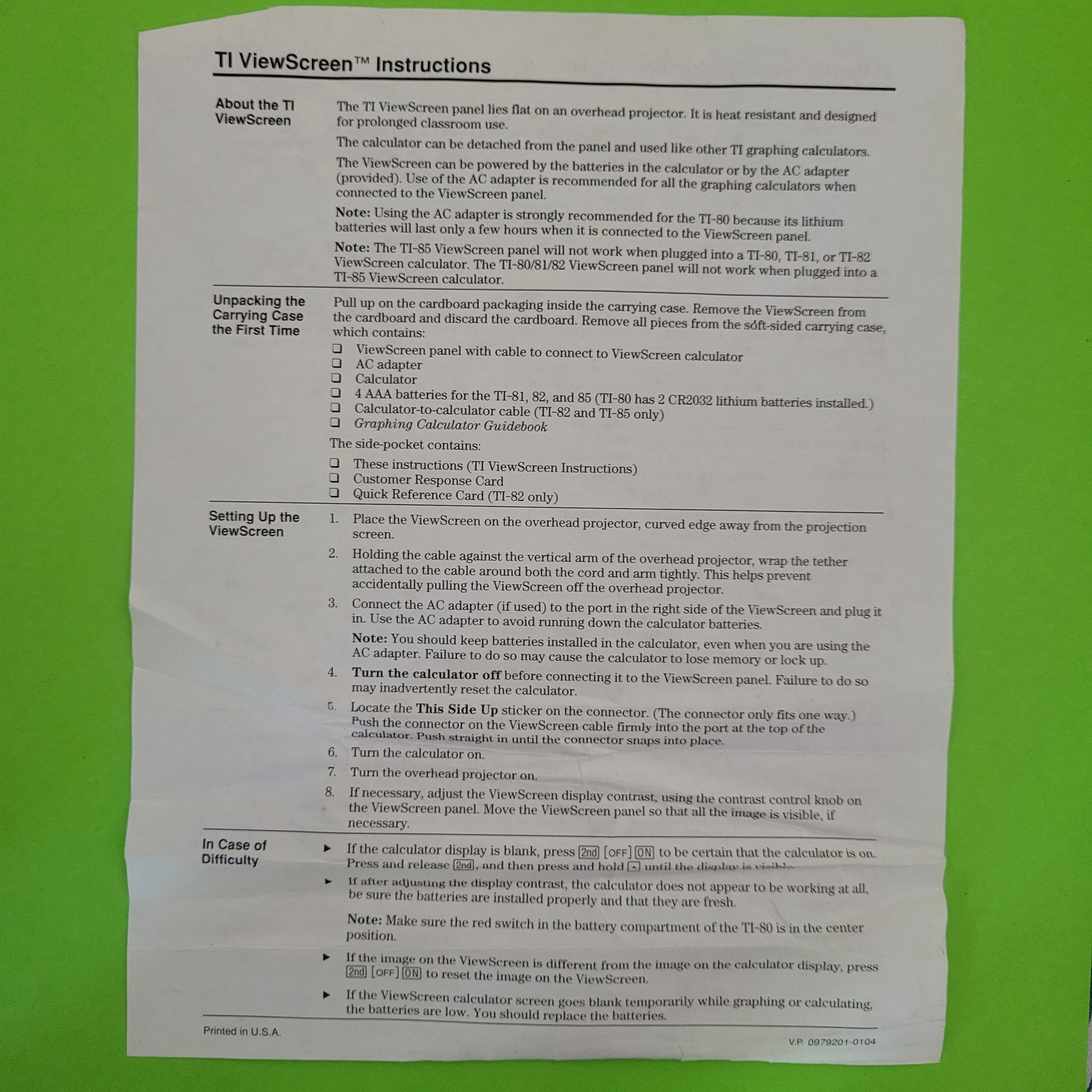 An image of the front of the instructions of a texas instruments ti viewscreen